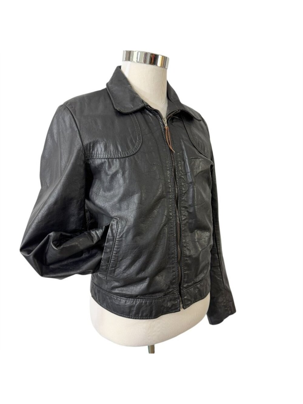 Sears Leather Shop Black Motorcycle Bomber Jacket Coat Size 38R Vintage 1980s